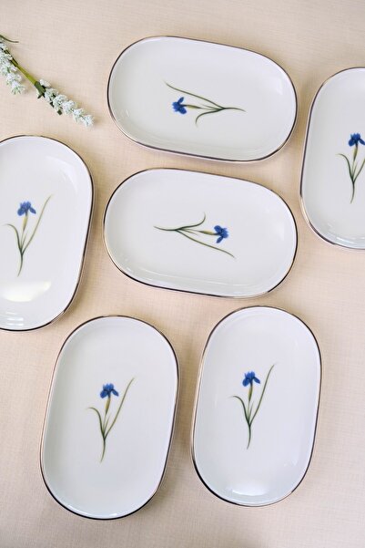 tabakevi Tabak Evi Porcelain Iris Gold Gilded Oval Boat Plate 18X11X2,50Cm 6 Li