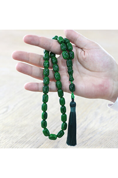 Tesbihane Ottoman Palace Tassel Rod Crimped Amber Prayer Beads Maxi Size Maroon Green Capsule Cut