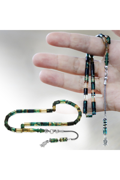 Tesbihane Ateş Kehribar Tesbih - 925 Ayar Gümüş Püsküllü - Bilek Boy - Mavi Beyaz Renk - Kesme Kesim