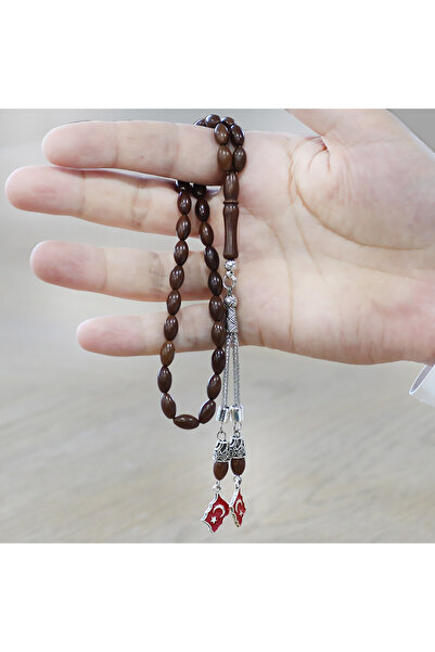 Tesbihane Non-Tarnish Metal Crescent and Star Tassel Dark Brown Barley Cut Kuka Prayer Beads