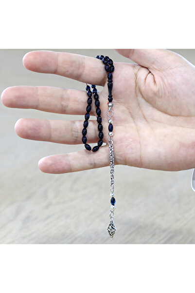 Tesbihane Crimped Amber Prayer Beads - Non-Tarnish Metal with Albanian Tassels - Wrist Length - Navy Blue Color - Barley Cut