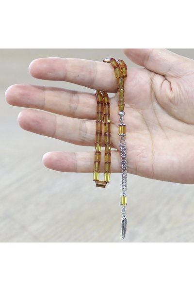 Tesbihane Fire Amber Prayer Beads - Non-Tarnish Metal Tassel - Wrist Length - Yellow Color - Cut Cut