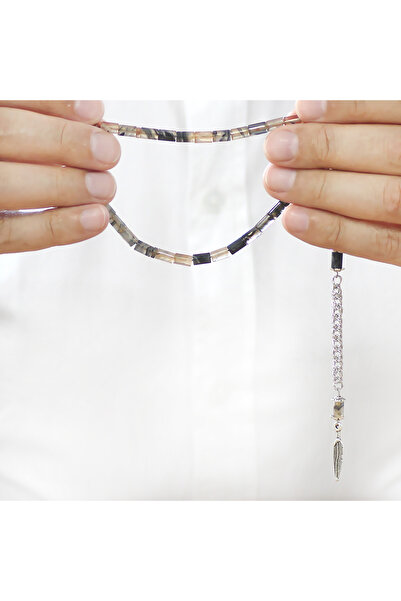 Tesbihane Fire Amber Prayer Beads - Non-Tarnish Metal Tassel - Wrist Length - Black and White Color - Cut Cut