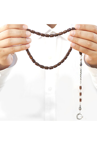Tesbihane Non-Tarnish Metal Tassel Capsule Cut Brown Scented Cinnamon Wood Prayer Beads
