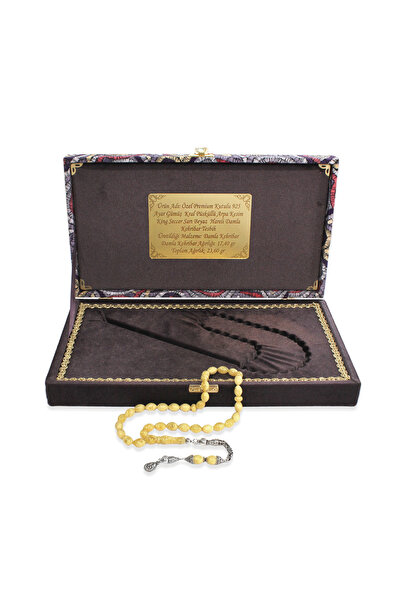 Tesbihane Damla Kehribar Tesbih - 925 Ayar Gümüş Kral Püsküllü - King Seccer - Arpa Kesim - Premium Kutulu