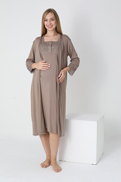 Miss Dünya Lissa Brown Lace Detailed Maternity and Postpartum Nightgown Set