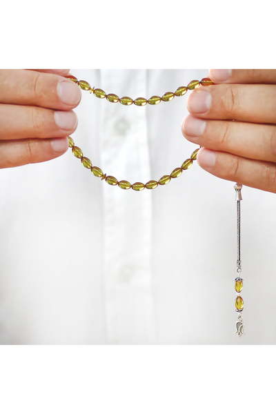 Tesbihane Ateş Kehribar Tesbih - 925 Ayar Gümüş Püsküllü - Bilek Boy - Sarı Renk - Arpa Kesim