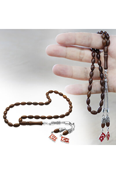 Tesbihane Non-Tarnish Metal Crescent and Star Tassel Dark Brown Barley Cut Kuka Prayer Beads