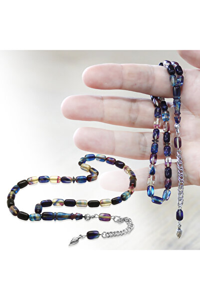 Tesbihane Fire Amber Prayer Beads - Non-Tarnish Metal Tassel - Wrist Length - Navy Blue and White Color - Capsule Cut