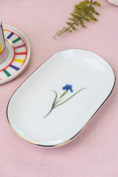 tabakevi Tabak Evi Porcelain Natura Iris Gold Gilded Oval Boat Plate 18X11X2,50Cm Single