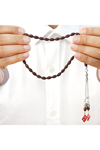 Tesbihane Non-Tarnish Metal Crescent and Star Tassel Dark Brown Barley Cut Kuka Prayer Beads