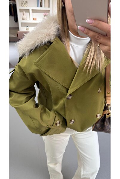 Sezgi Tekin Yaka Kürklü Kemik Düğme Detay Yağ Yeşili Trenç