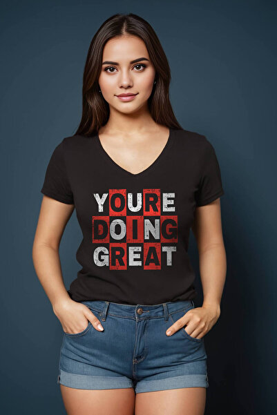 You're Doing Great Baskılı V Yaka Siyah Kadın Tişört