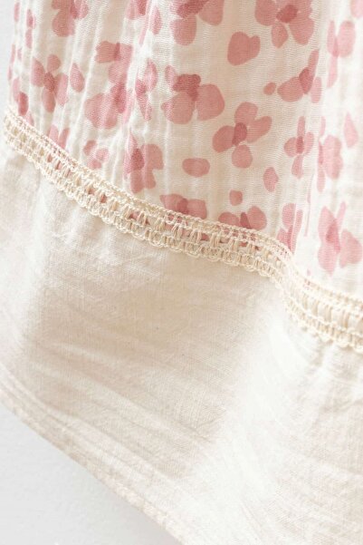 Banamio Elias Kız Bebek Çocuk Çiçek Desenli Fisto Detaylı Keten Yakalı Astarlı Müslin Elbise