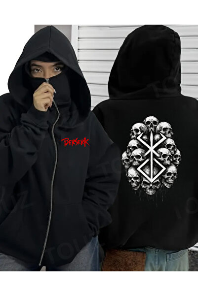 Toum Cardigan cu glugă unisex negru cu fermoar, cu detaliu de mască Berserk