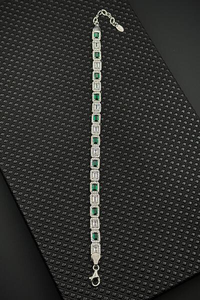 FRNCH 925 Ayar Gümüş Yeşil-Beyaz Baget Zirkon Taşlı Gümüş Renk Erkek Bileklik...