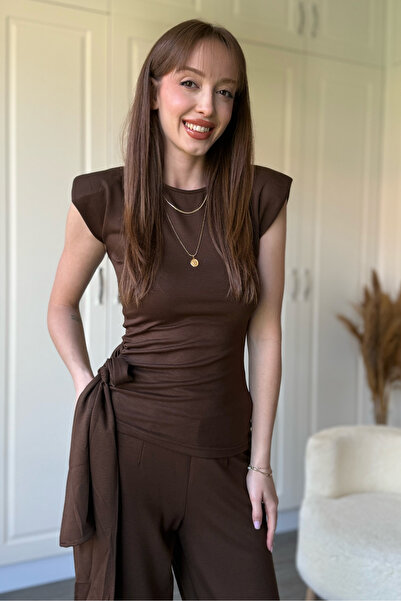 Dilay Gökoğlu Butik Tie-Detailed Padded Pants Blouse Brown Set