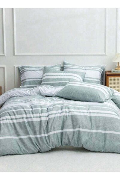 LUNA HOME طقم غطاء لحاف مخطط باللون الأخضر، مقاس كوين، مكون من 6 قطع