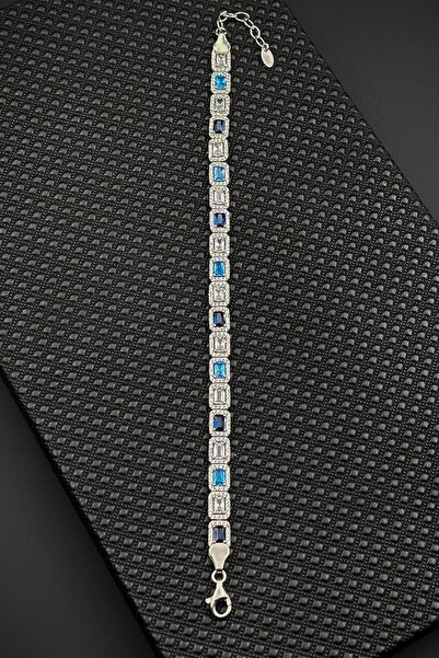 FRNCH 925 Ayar Gümüş Lacivert-Turkuaz Baget Zirkon Taşlı Gümüş Renk Erkek Bil...