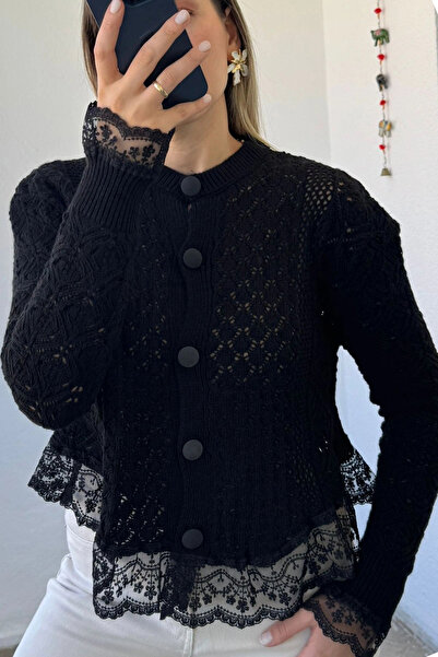 Kubos Moda Tül Detaylı Bisiklet Yaka Siyah Hırka