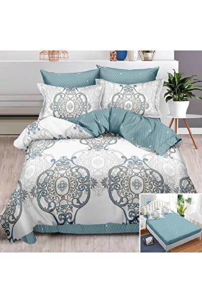 OEM Lenjerie de pat, 2 persoane, finet, 6 piese, cu elastic, alb si bleu, cu model, LEL139