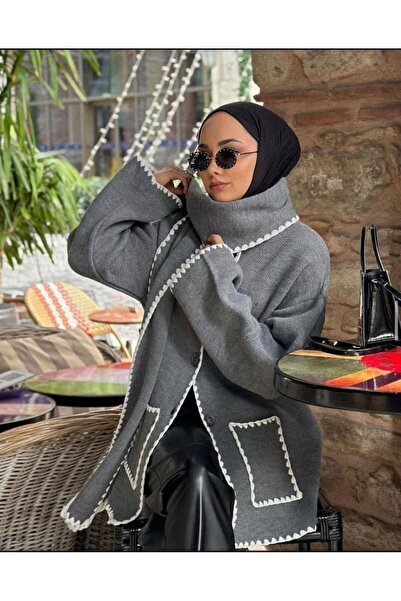 Cemre Life Embroidered Detailed Knitwear Jacket with Scarf