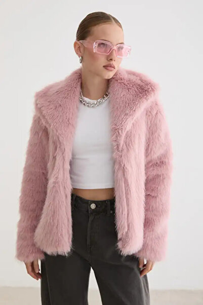 cemo Fur Long Sleeve Coat Pudra