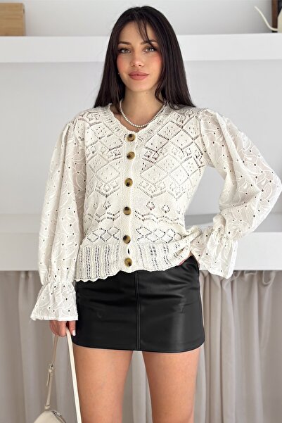 FEMELLE White Scallop Lace Detailed Buttoned Knitwear Cardigan Standard Size