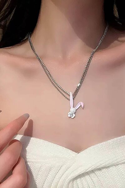 TAKIŞTIR Gümüş Renk Tavşan Figürlü Taş Detaylı 14K Altın Kaplama TX Kolye