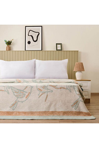 Evidea Soft Nava Cotton Double Blanket - Ecru / Green - 200X220 cm