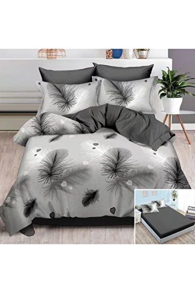 OEM Bed linen, 2 persons, finet, 6 pieces, with elastic, gray, feather print,...
