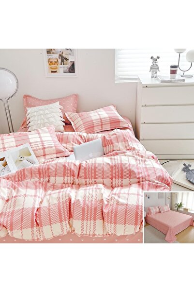 OEM Bed linen, 2 people, finet, 6 pieces, with elastic, white and pink, checkered print, LEL444