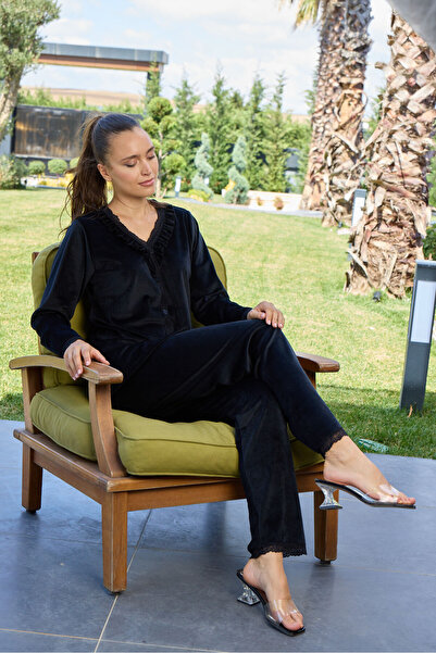 Miss Meryem Siyah Yumuşak Dokulu, Şık ve Rahat Fransız Kadife Yakası Fırfırlı...