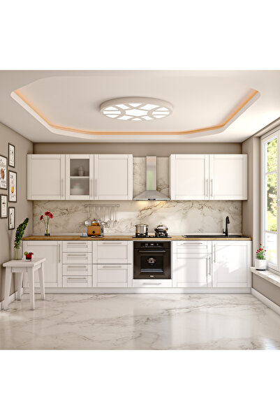 DEKOREX Pia Beyaz 345 Cm Beyaz Fırın Ve Çekmece Modüllü Meşe Tezgahlı Hazır Mutfak PB-345dav-c-mt