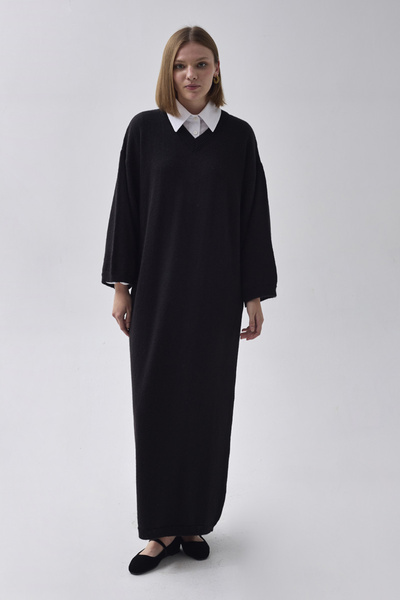 ZÜLAYS V Yaka Triko Elbise Siyah