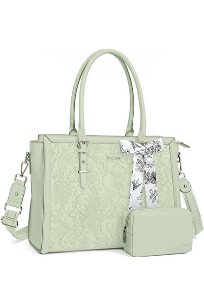 Mosiso Laptop Bag for Women, PU Leather Tote Bag, Front Embossed Retro Hibiscus Computer Bag with Si