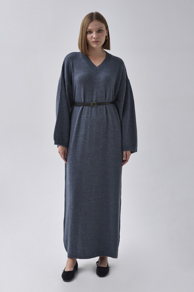 ZÜLAYS V Yaka Triko Elbise İndigo