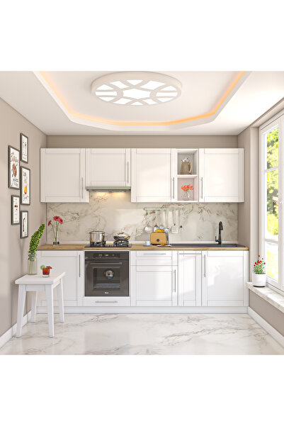 DEKOREX Pia Beyaz 270 Cm Beyaz Aspiratör Ve Fırın Modüllü Meşe Tezgahlı Hazır Mutfak PB-270asp-mt