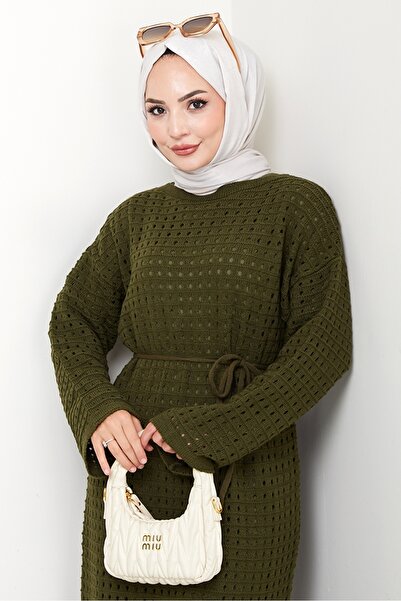 Bestenur Belted Lace Detail Lined Knitwear Dress 1602 - Khaki