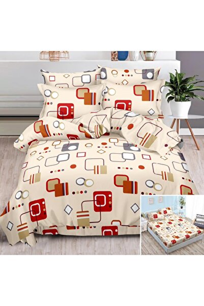 OEM Bed linen, 2 persons, finet, 6 pieces, with elastic, cream, with geometri...