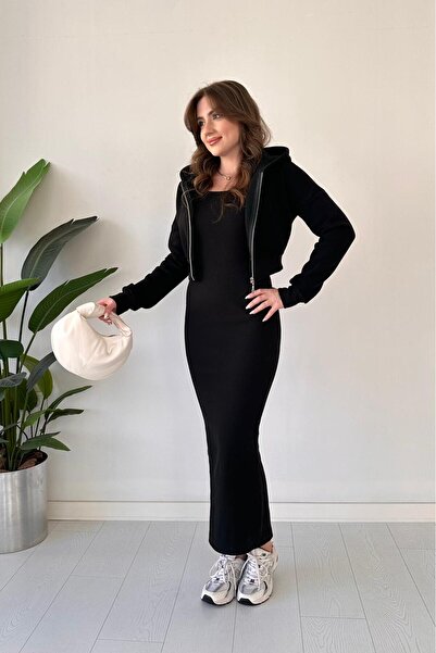 MaziButik Three Thread Cardigan Dress Black