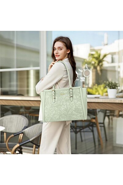 Mosiso Laptop Bag for Women, PU Leather Tote Bag, Front Embossed Retro Hibiscus Computer Bag with Si