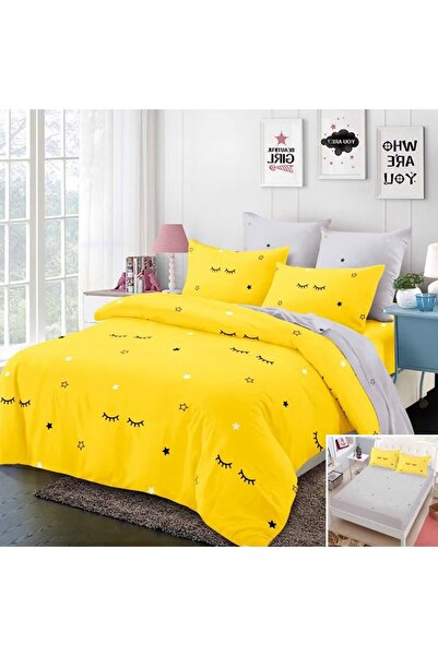 OEM Bed linen, 2 people, finet, 6 pieces, with elastic, yellow and gray, with black eyelashes, LEL338