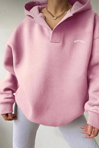 NO 601 Hanorac cu glugă decoltat cu imprimeu New York Usa roz pentru femei