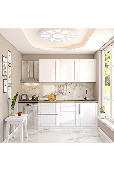 DEKOREX Pia Beyaz Serisi 240 Cm Beyaz Çekmece Modüllü Meşe Tezgahlı Hazır Mut...