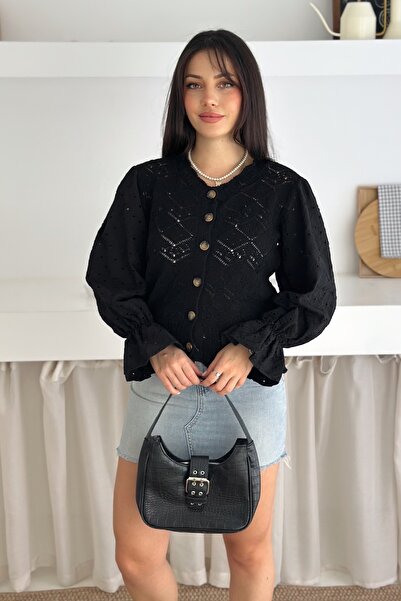 FEMELLE Black Fisto Lace Detailed Buttoned Knitwear Cardigan Standard Size