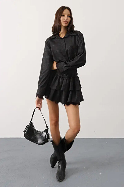 cemo Ekose Desen Kemerli Dantel Detaylı Elbise