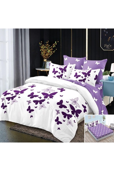 OEM Lenjerie de pat, 2 persoane, finet, 6 piese, cu elastic, alb si mov, cu f...