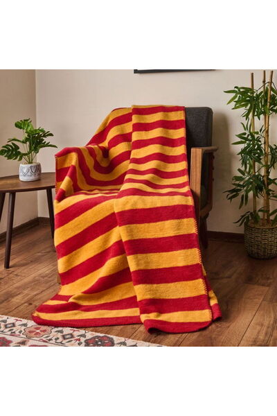 Evidea Soft Çizgili Pamuklu Tv Battaniyesi - Sarı / Kırmızı - 130x170 cm