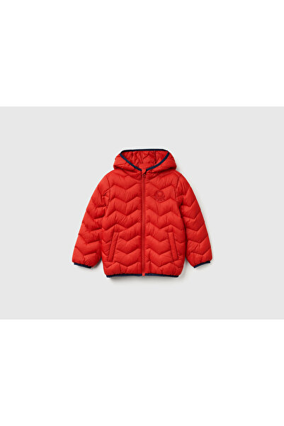 United Colors of Benetton Baby Boy Red Logo Detailed Hooded Seasonal Thin Coat